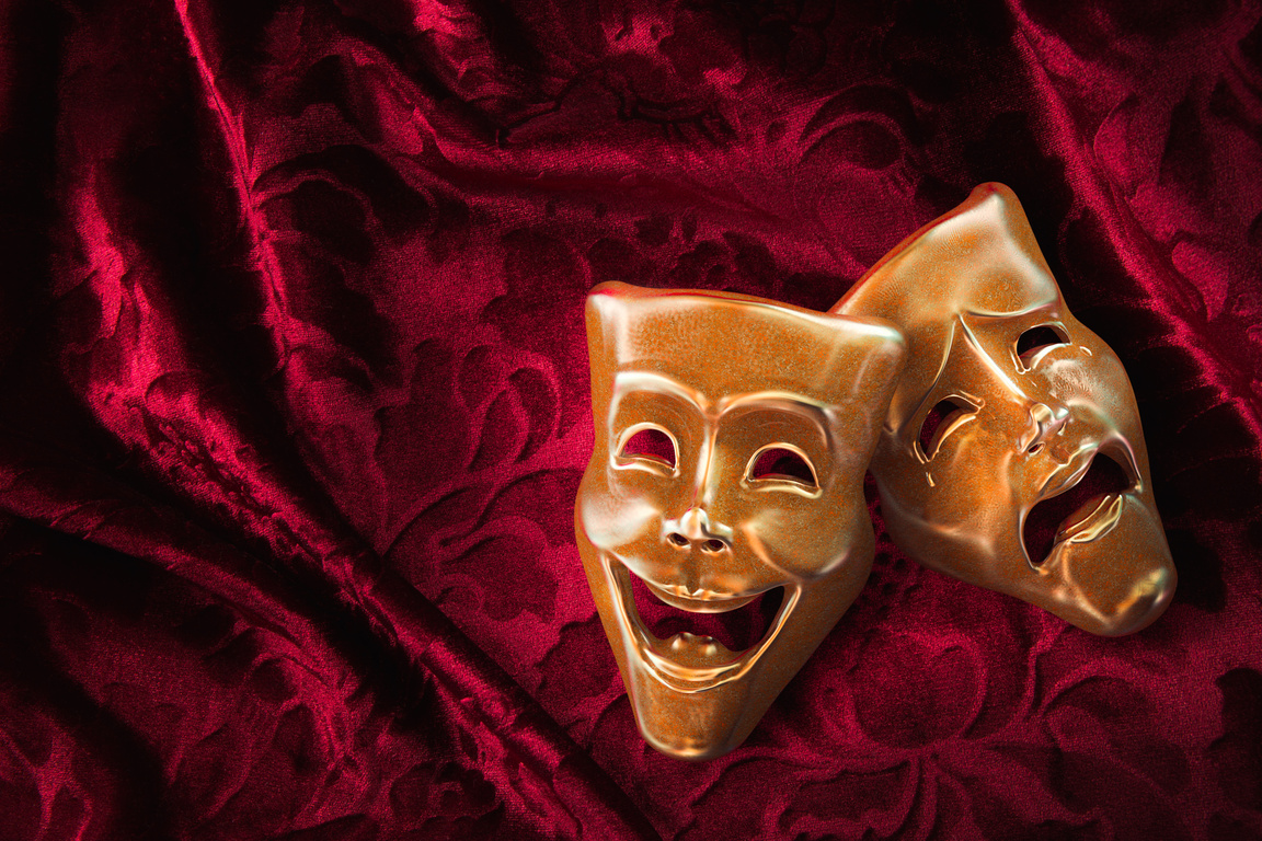 Theater masks over red curtain / 3D rendering